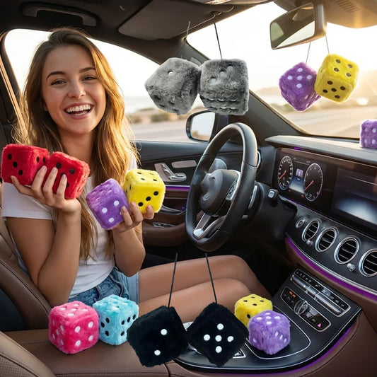Fuzzy Plush Dice for Car Mirror Pair of Retro Pink Dice with White Dots for Car Interior Hanging Ornament Decoration