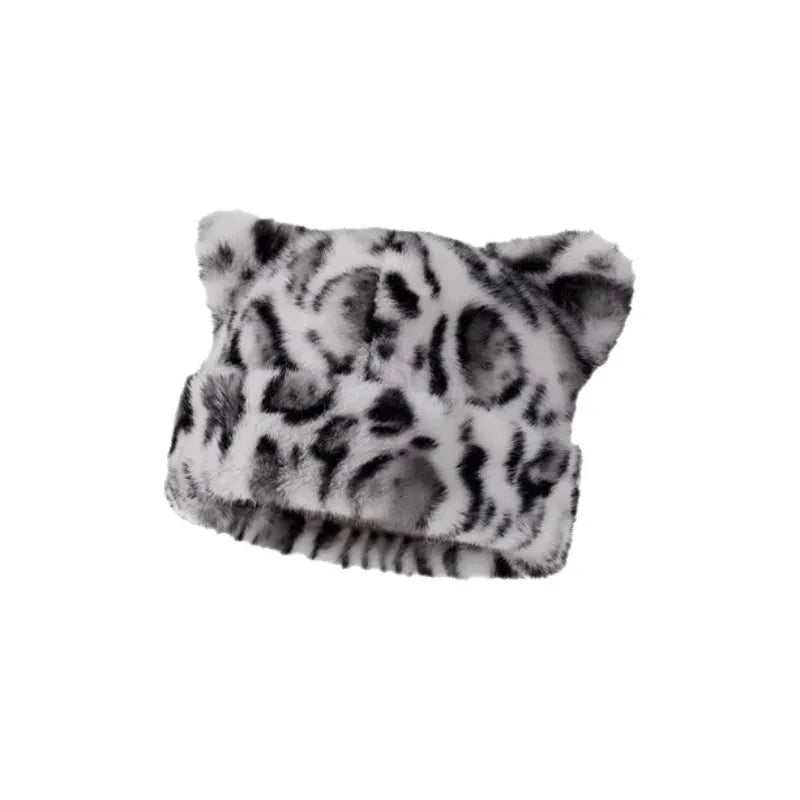Leopard print plush teddy bear hat for women, sweet and cute, thick and warm, retro and versatile, hooded beanie.