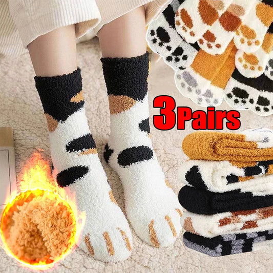 Women Socks Winter Warm Fluffy Socks Cute Animal Claw Cat Paw Footprint Fuzzy Socks Thicken Coral Fleece Home Floor Sleep Socks