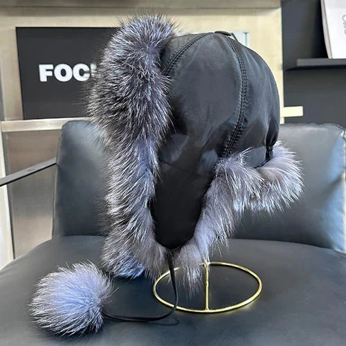 2025 100% Real Fox Fur Hats Women's Russian Ushanka Aviator Trapper Snow Skiing Hat Caps Earflap Winter Raccoon Fur Bomber Hat