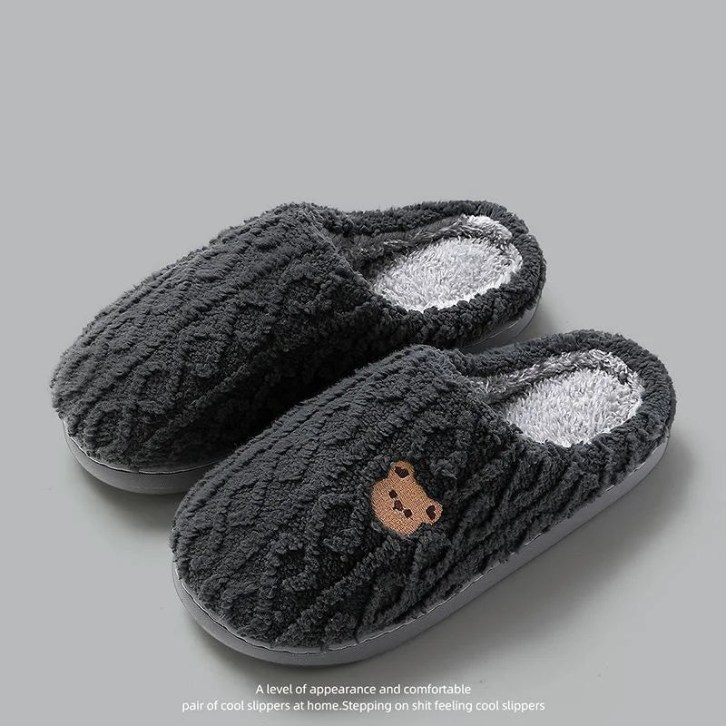 Winter Fluffy Shoes Women Cotton Slippers Cartoon Bear Thick Sole Warm Slides Men Female Couple House Indoor Plush Flat Shoes