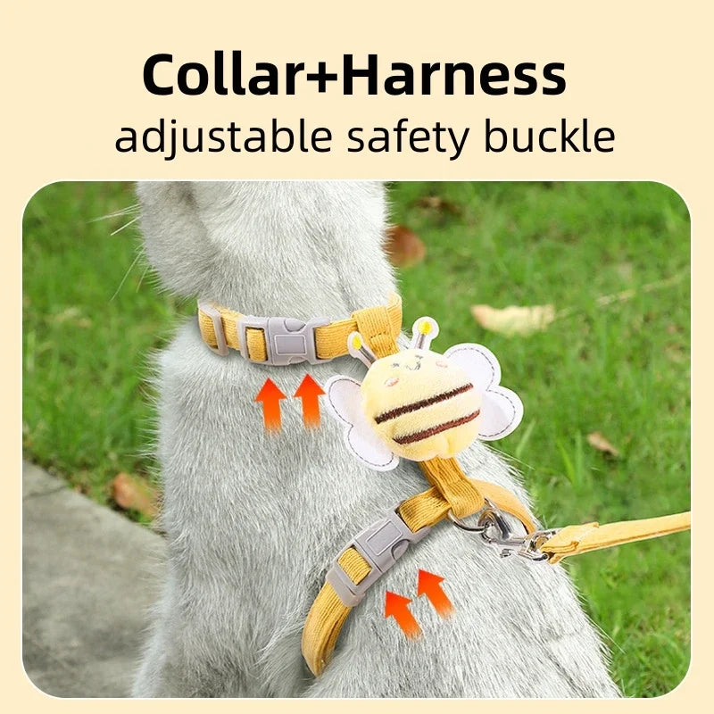 Cat Harness Leash Collar Set - Adjustable Cartoon Bee Design