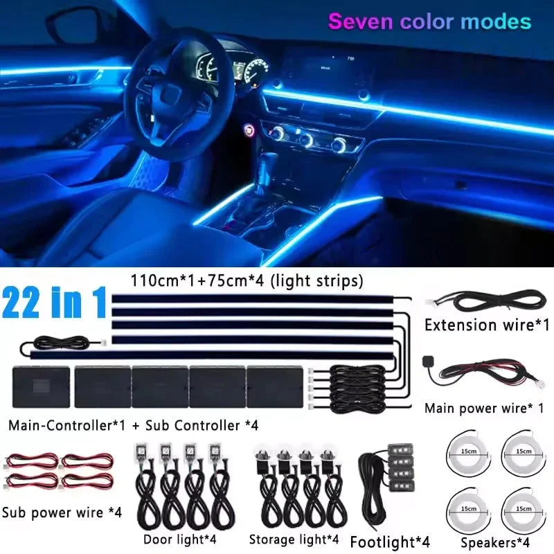 Universal 18-in-1 RGB Car Ambient Light Kit - Full Color App-Controlled Neon Strips