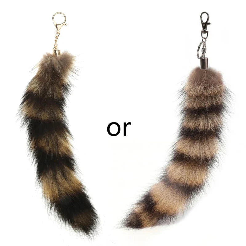 Plush-Fox Tail Keychain Furry Racoon Tail Keyring Keychain 28cm Animal Tail Key-Pendant Pompoms Keyring Holder Bag-Decor