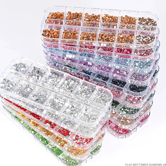 12 Grids Mixed Nail Rhinestones - SS6-SS30 Flat-Back Glass Gems for Nail Art