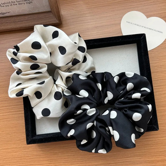 Korean Fashion Dot Satin Scrunchies – Big Elastic Silk Hair Bands for Women & Girls, Black & White