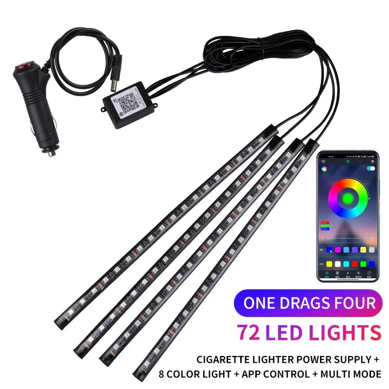 Neon LED Car Interior Ambient Light Kit – RGB Foot Strip Lighting with APP & Remote Control, Music Sync Car Decor Lamp