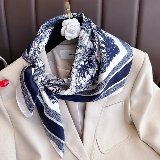 70cm Women’s Plant-Printed Silk Scarf – Elegant Square Headwear, Simulated Silk Neck Scarf for Bag, Hair & Clothing Accessories