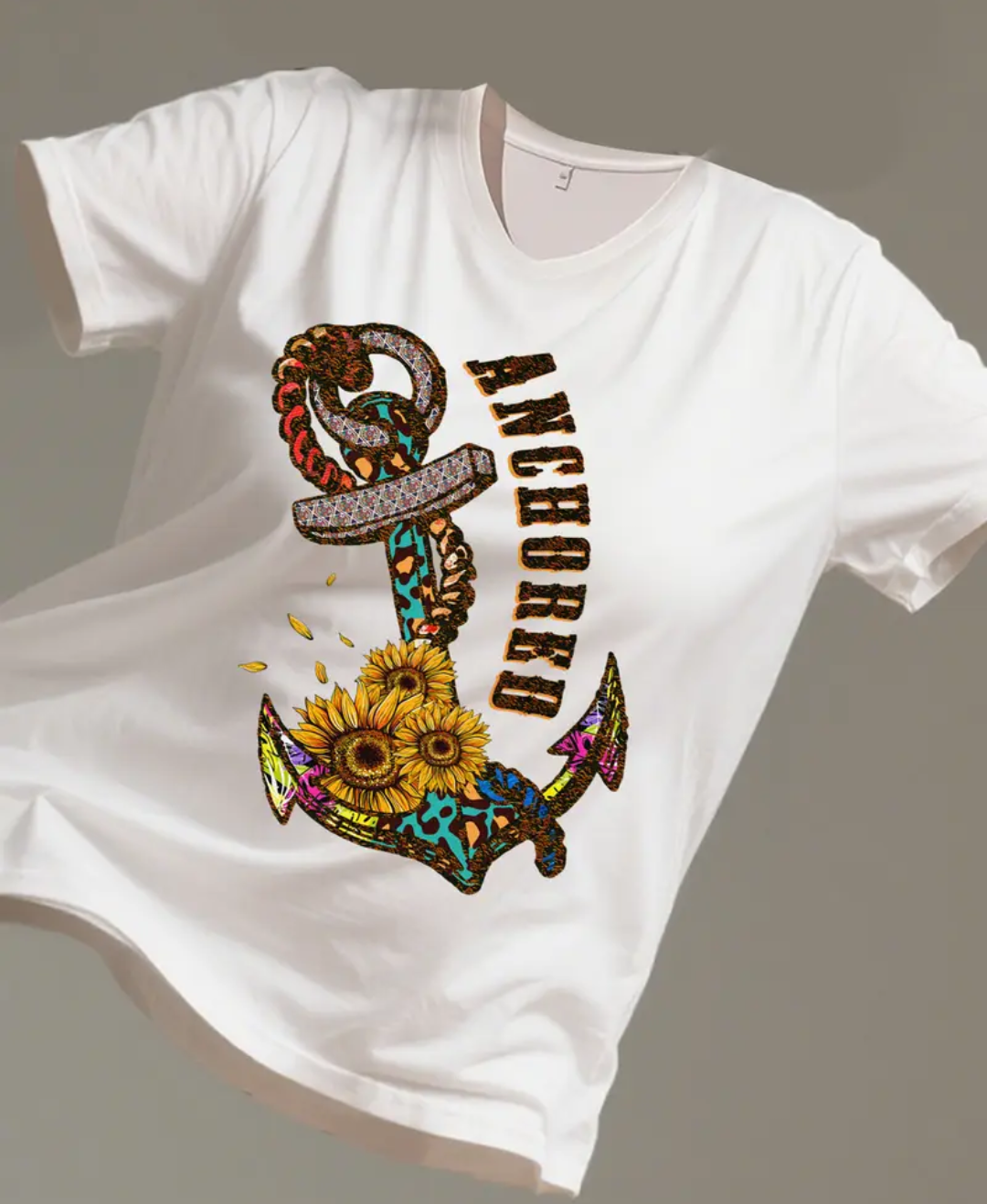 Anchored T-shirt Women's Large White Faith-based Sunflowers and Anchor
