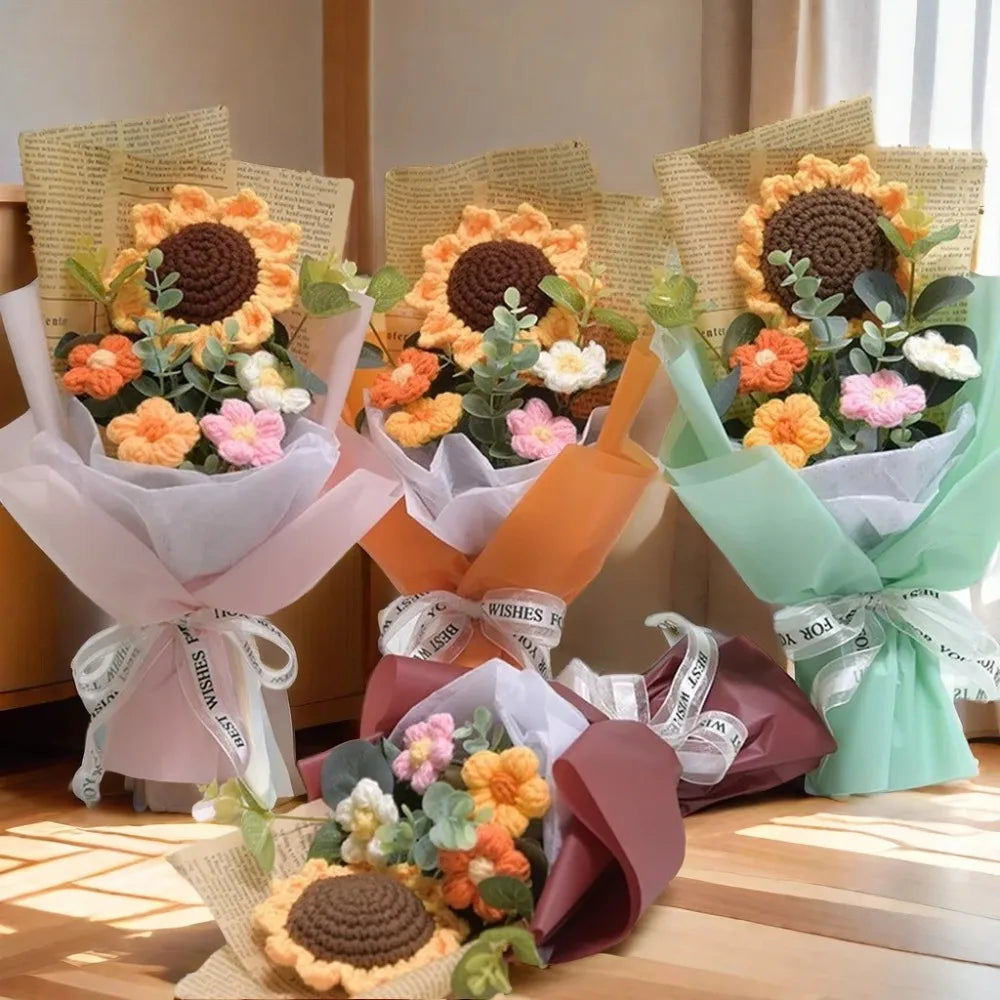 Artificial Flower Crochet Bouquet Handmade Anniversary Sunflower Daisy Bouquet Mothers Day Birthday Gift Eternal Flower