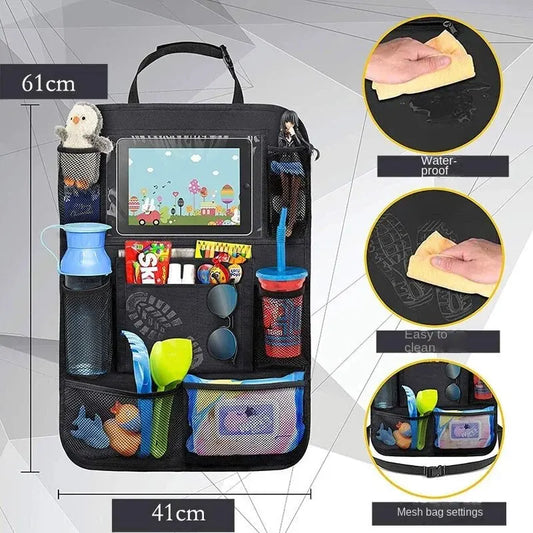 Multifunctional Car Seat Organizer – Oxford Fabric Backseat Storage Bag with Tablet Holder & Multi-Pockets for Kids