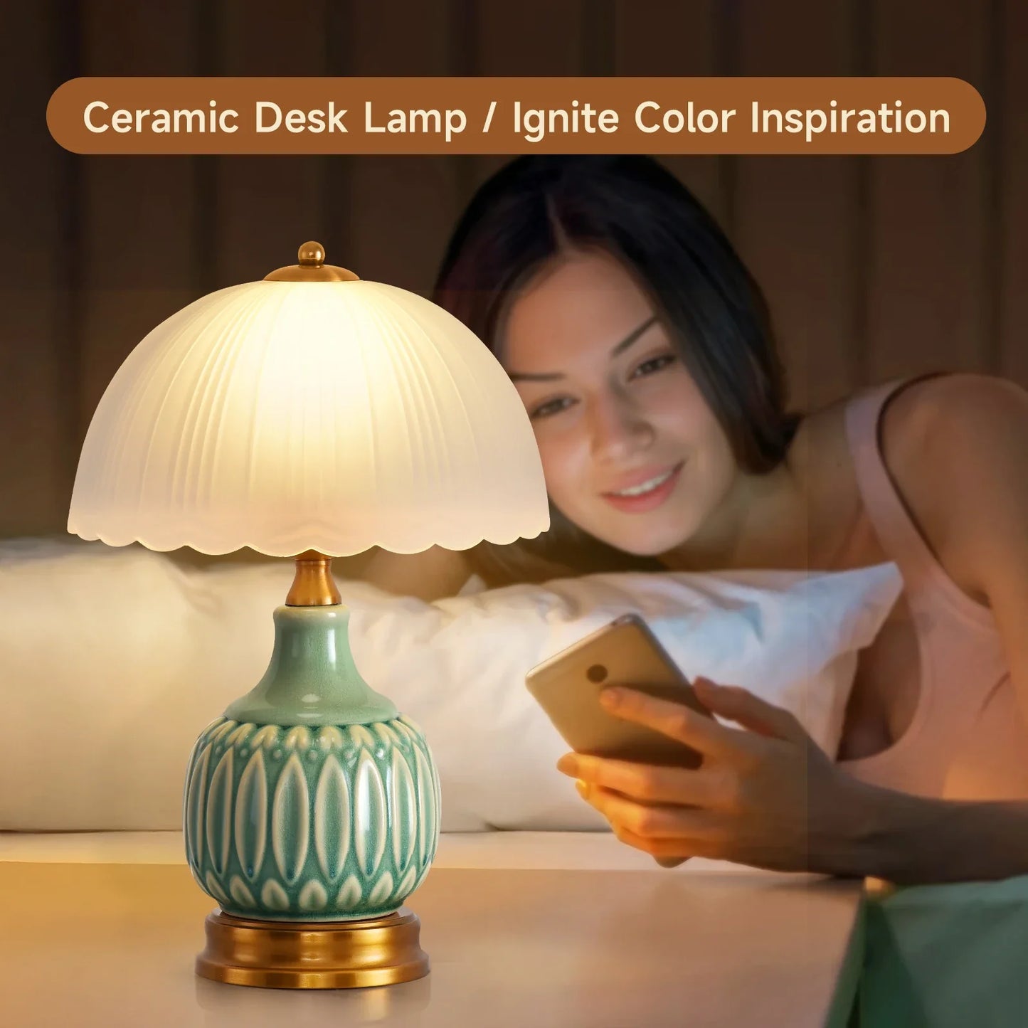 Vintage Lamp for Living Room,16" Modern Ceramic Table Lamps for Bedroom,Retro Bedside Nightstand Traditional Lamps,Classic Chino
