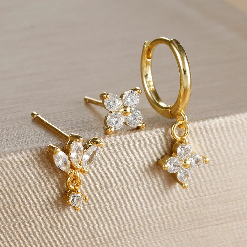 3PCS Zircon Flower Dangle Earrings – Orange & Blue Stainless Steel Set