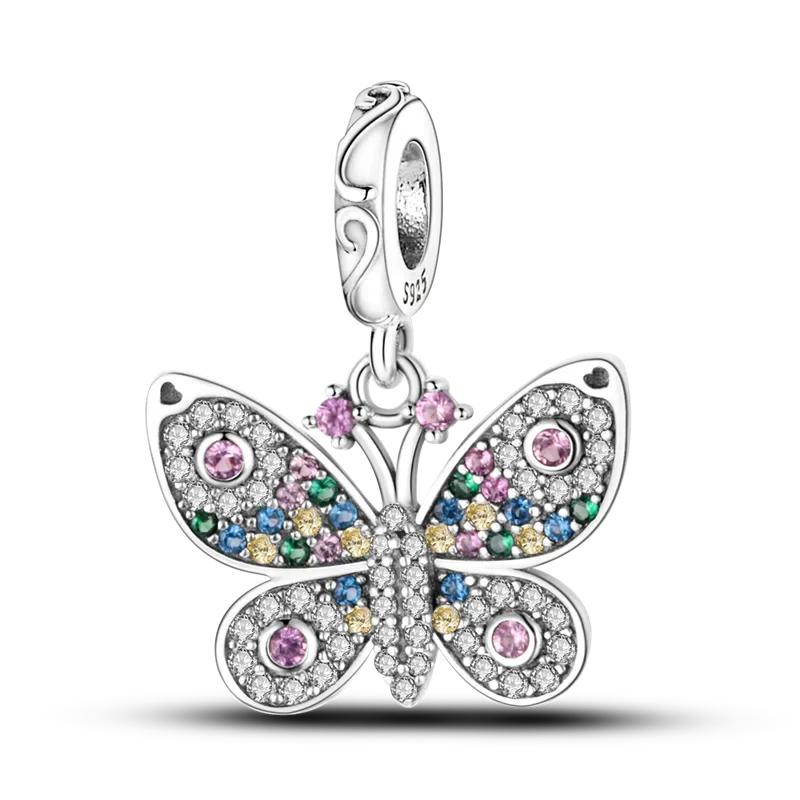 925 Sterling Silver Pink Butterfly & Luminous Firefly Charm – Dangle Bead for Bracelet or Necklace | Elegant DIY Jewelry Gift for Women