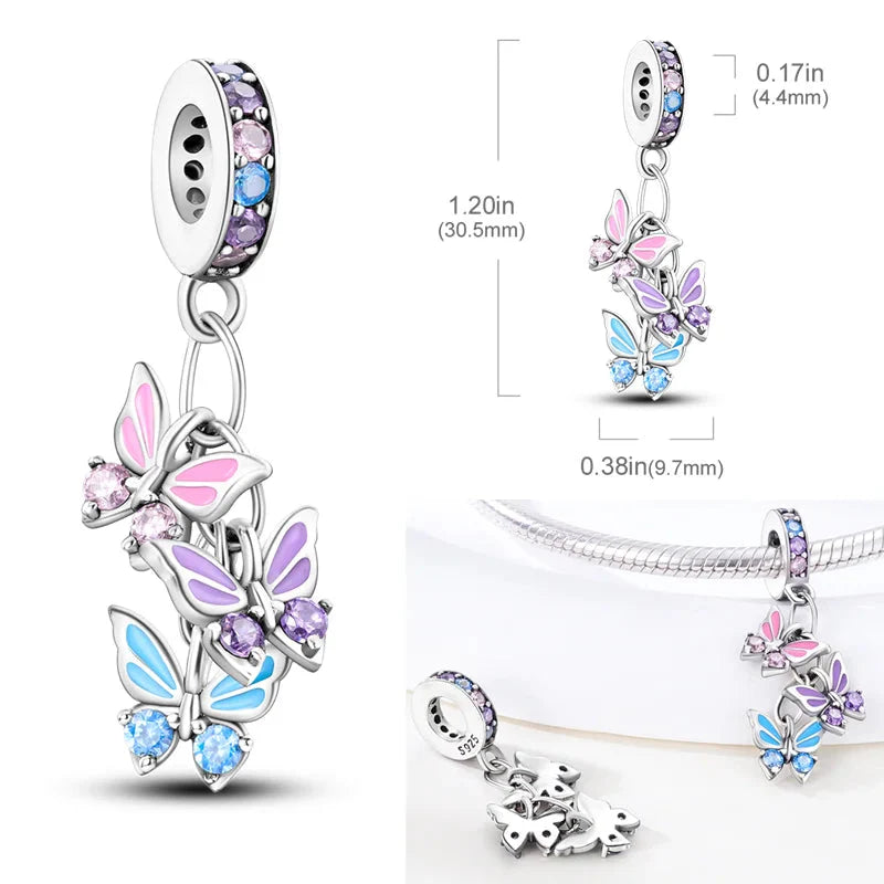 925 Sterling Silver Pink Butterfly & Luminous Firefly Charm – Dangle Bead for Bracelet or Necklace | Elegant DIY Jewelry Gift for Women