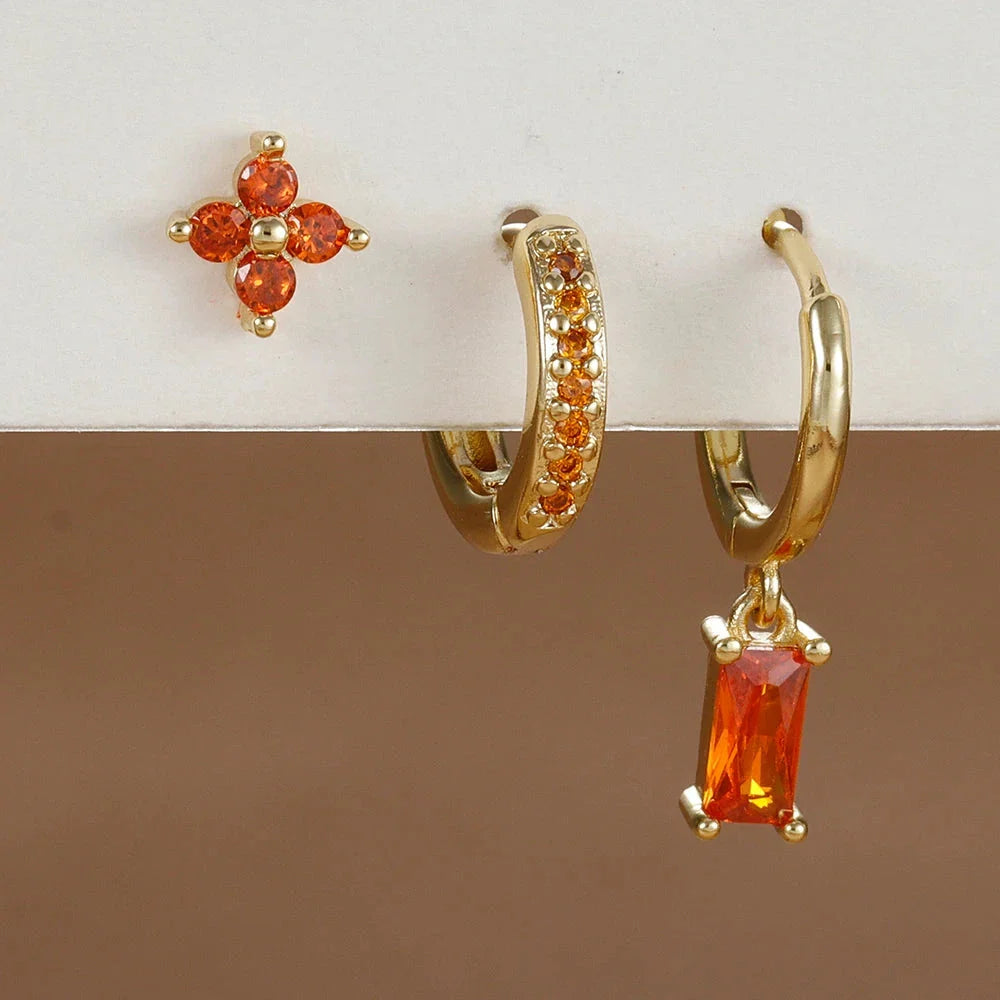 3PCS Zircon Flower Dangle Earrings – Orange & Blue Stainless Steel Set