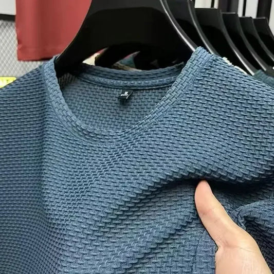 Ice Silk Bamboo Node Men's Short Sleeve T-Shirt Summer Pure Color Elastic Comfortable Cool Feeling Casual Versatile Thin Trendy