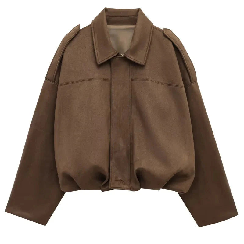Women’s Suede Bomber Jacket – Cropped Racing Style