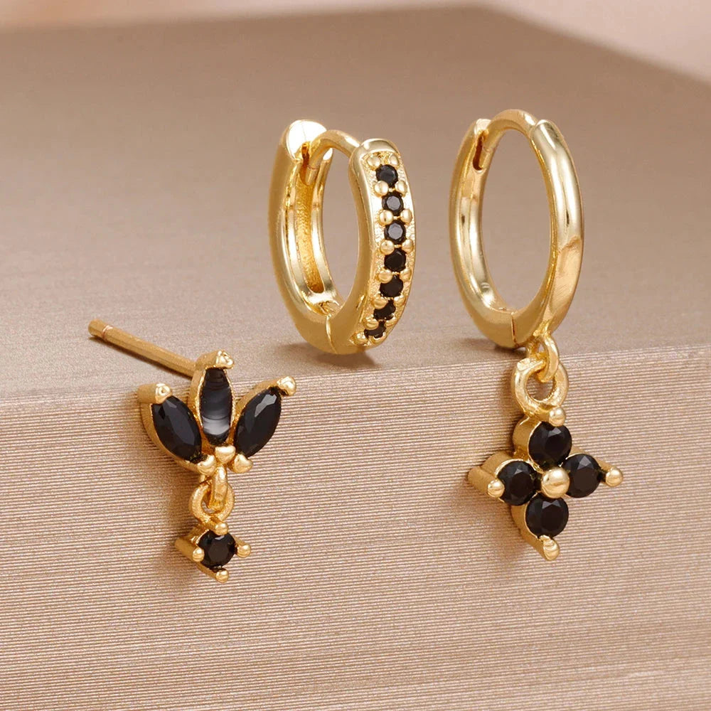 3PCS Zircon Flower Dangle Earrings – Orange & Blue Stainless Steel Set
