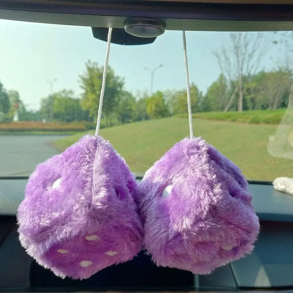 Fuzzy Plush Dice for Car Mirror Pair of Retro Pink Dice with White Dots for Car Interior Hanging Ornament Decoration