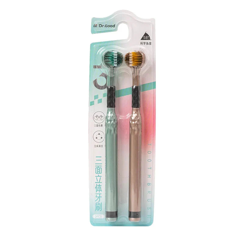 3-Sided Toothbrush for Comprehensive Cleaning | Ideal Angle Design | Raised Tongue Coating Brush | 2-Pack | Soft Bristles for Ge