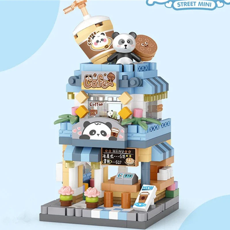 NEW Panda Pet Coffee Ice Cream Flower Shop Store Street View Food House Building Blocks Kit Girls Bricks Model Kids Toy Children