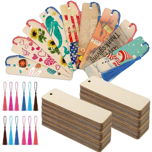 Wooden Bookmarks with Tassel Ropes - 10/20/60Pcs DIY Hanging Labels