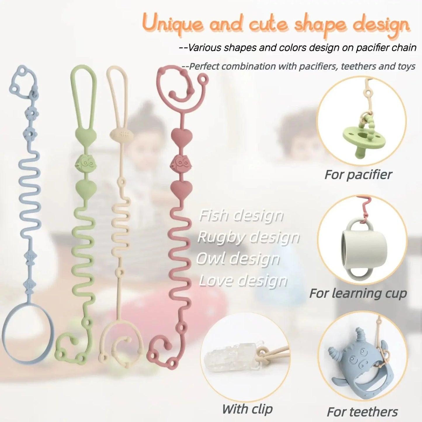 4PCS Adjustable Silicone Pacifier Chain Set | Safe Teether Toys for Baby Crib, High Chair & Gift Set – Beige