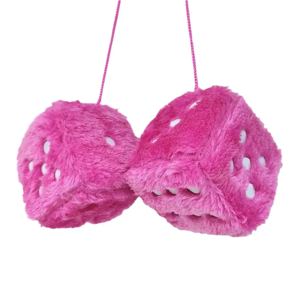 Fuzzy Plush Dice for Car Mirror Pair of Retro Pink Dice with White Dots for Car Interior Hanging Ornament Decoration