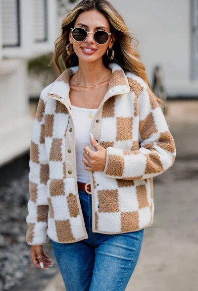 Elegant Checkered Snap Down Long Sleeve Teddy Jacket Soft & Warm Colorful Jacket