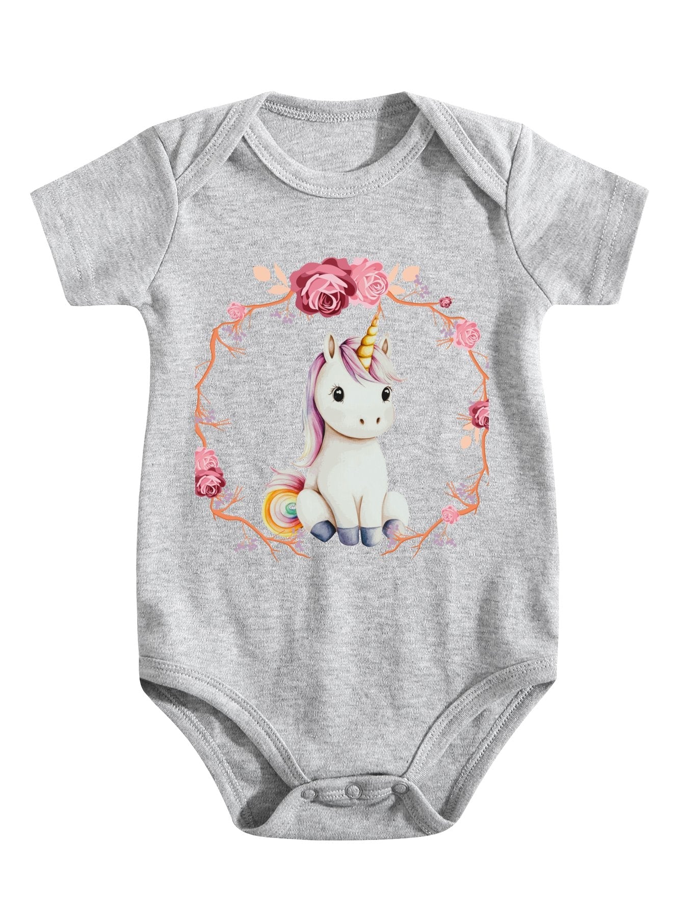 Baby Unicorn with Pink Roses Unisex Cotton Short Sleeve Baby Romper