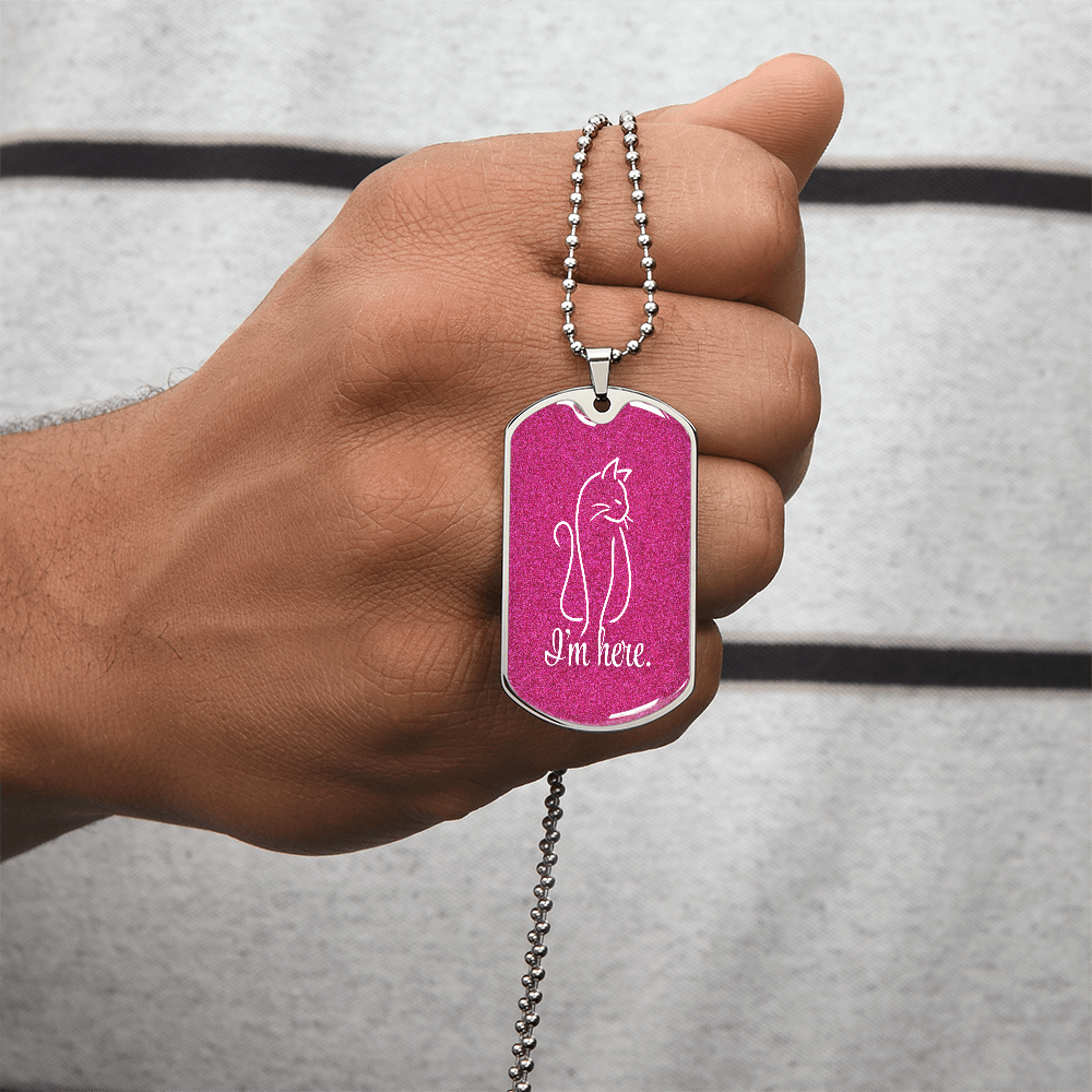 “I'm Here” Cat Line Art Dog Tag Necklace – Silver or Gold Finish