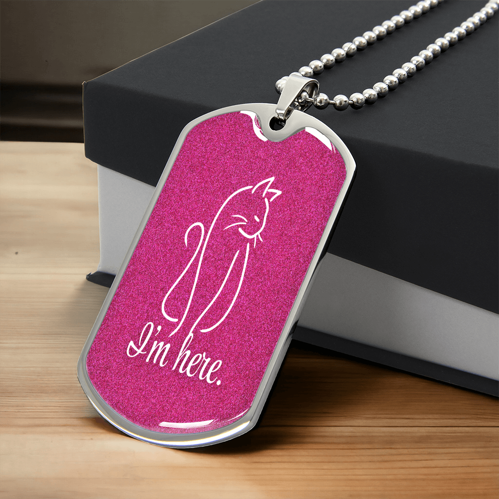 “I'm Here” Cat Line Art Dog Tag Necklace – Silver or Gold Finish