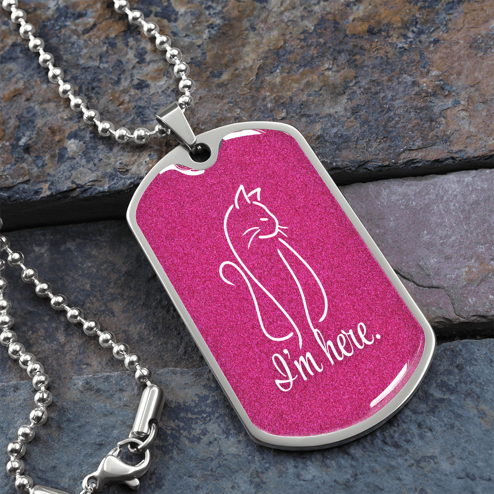 “I'm Here” Cat Line Art Dog Tag Necklace – Silver or Gold Finish