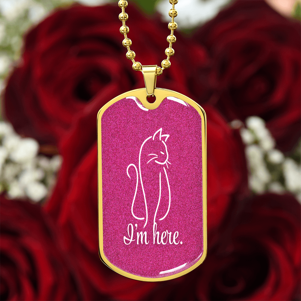 “I'm Here” Cat Line Art Dog Tag Necklace – Silver or Gold Finish