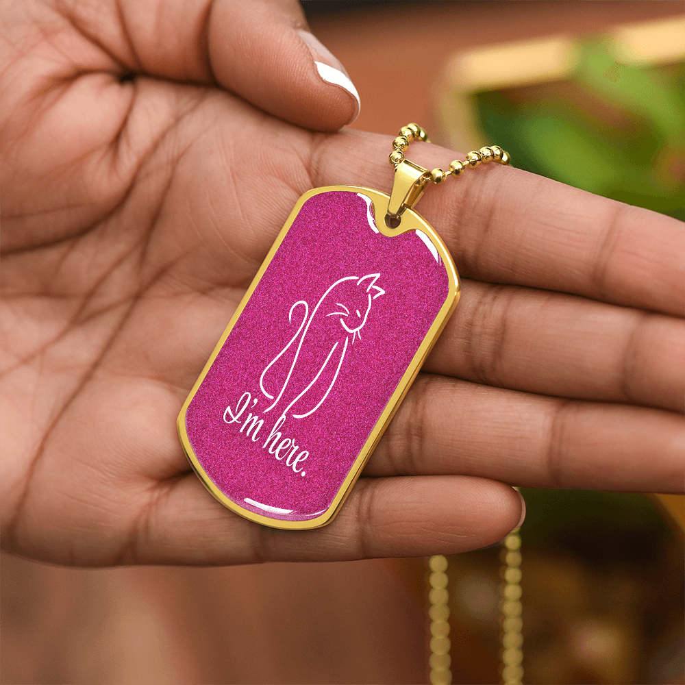 “I'm Here” Cat Line Art Dog Tag Necklace – Silver or Gold Finish
