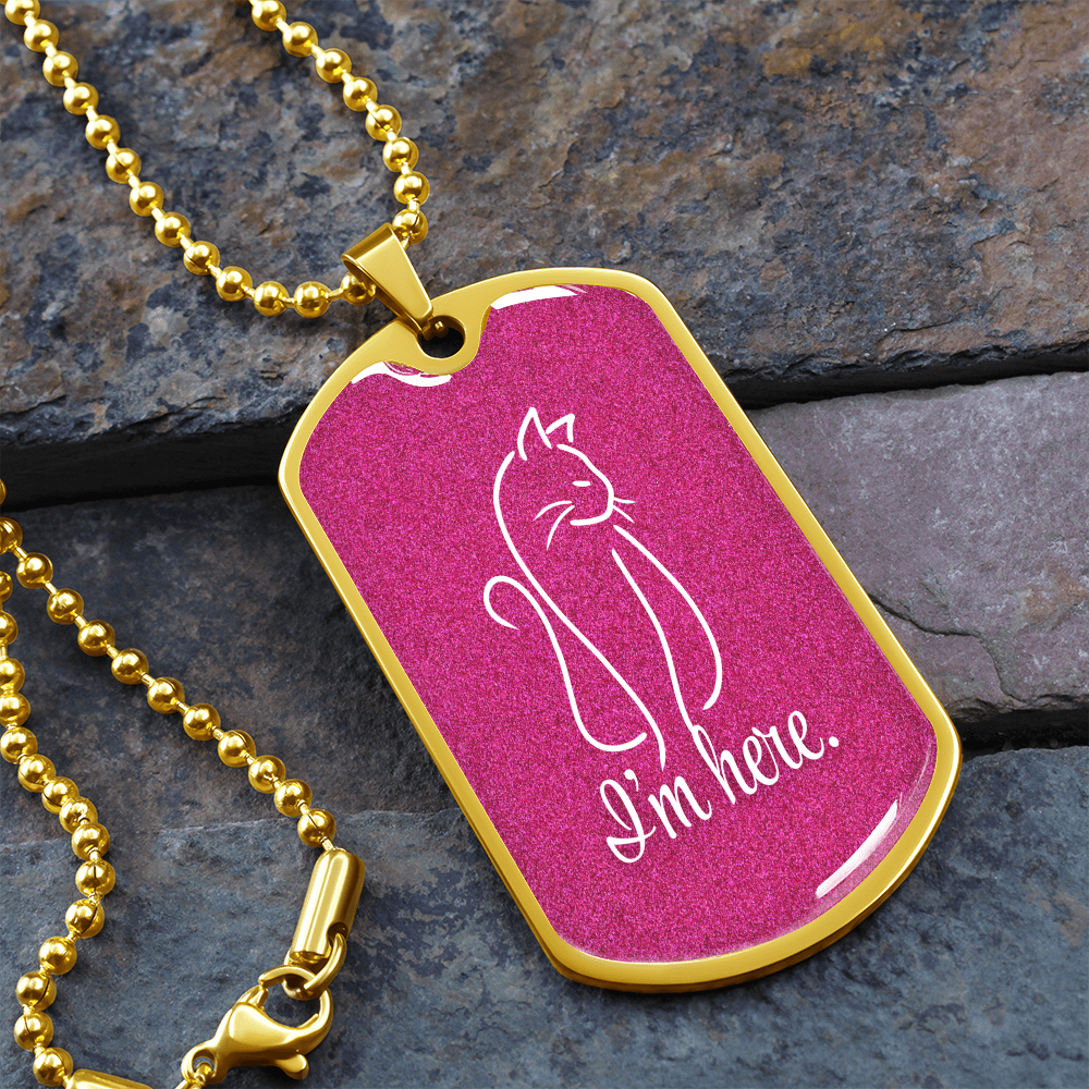 “I'm Here” Cat Line Art Dog Tag Necklace – Silver or Gold Finish