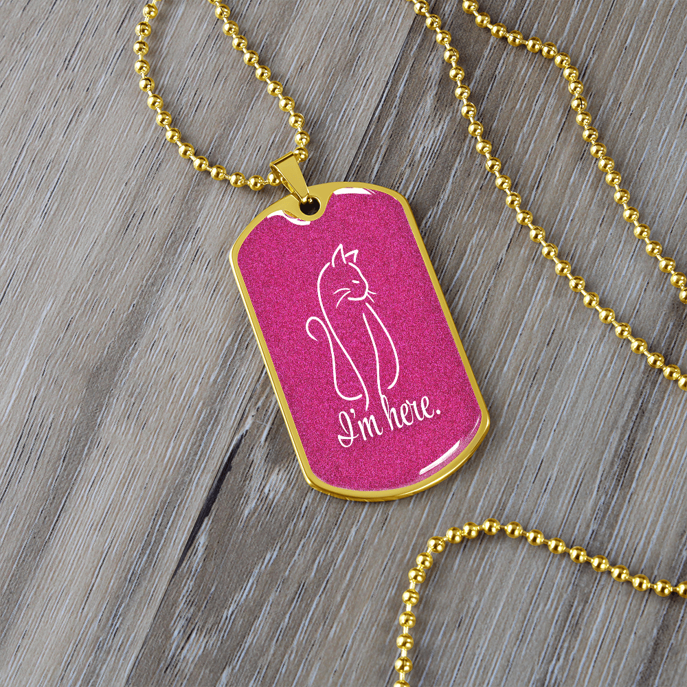 “I'm Here” Cat Line Art Dog Tag Necklace – Silver or Gold Finish
