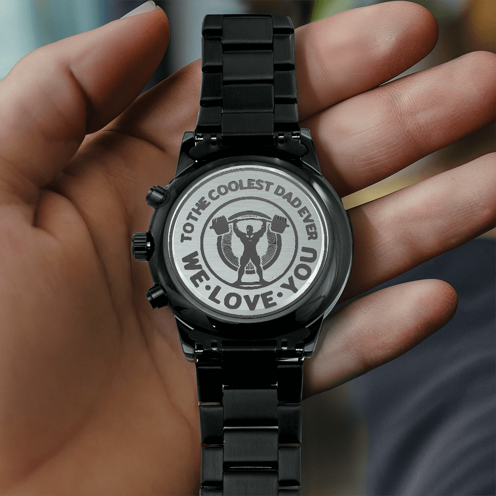 To the Coolest Dad Weightlifter Engraved Black Chronograph Watch