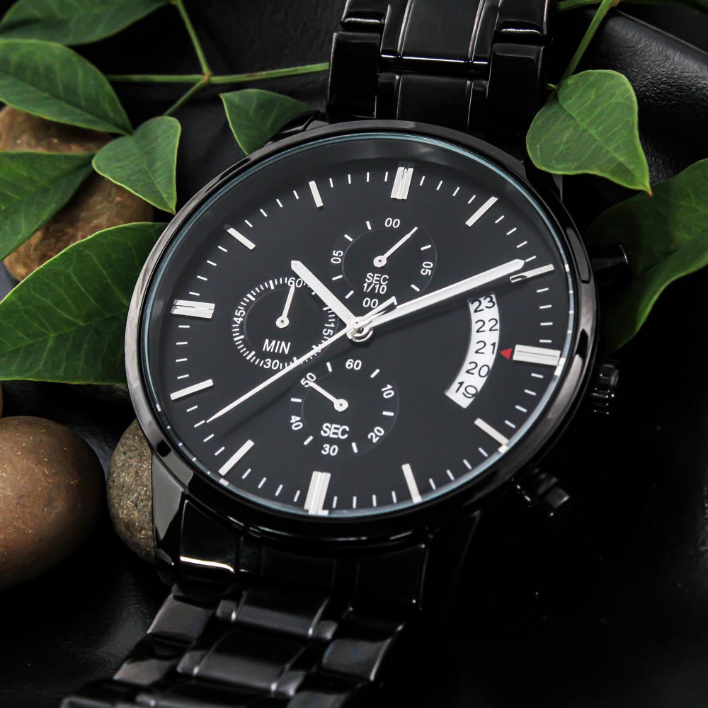 Jesus is My Super Hero Faith Based Engraved Black Chronograph Watch