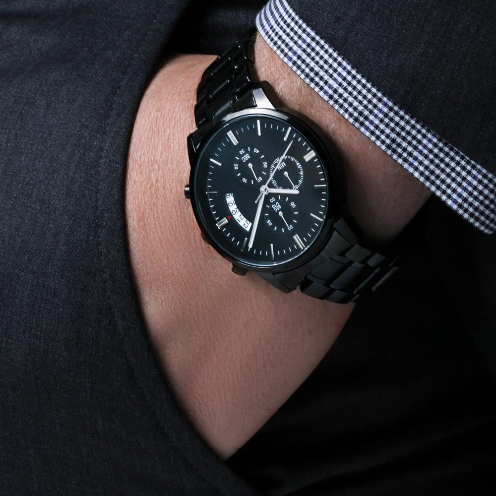 Just Out Here Trusting God Engraved Black Chronograph Watch