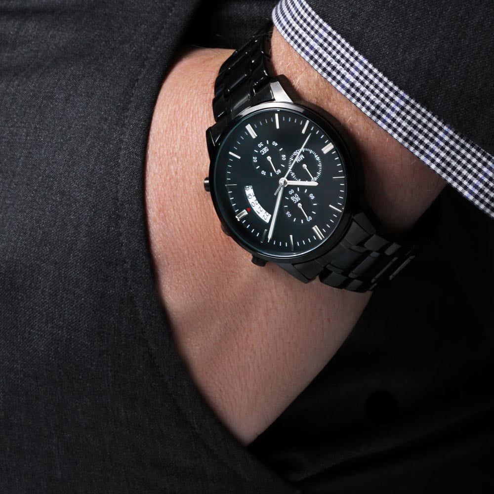Horse in Ornate Frame Engraved Design Black Chronograph Watch