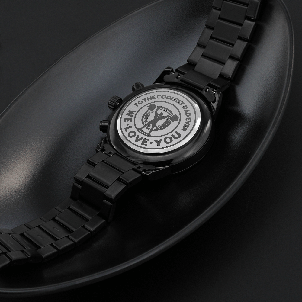 To the Coolest Dad Weightlifter Engraved Black Chronograph Watch