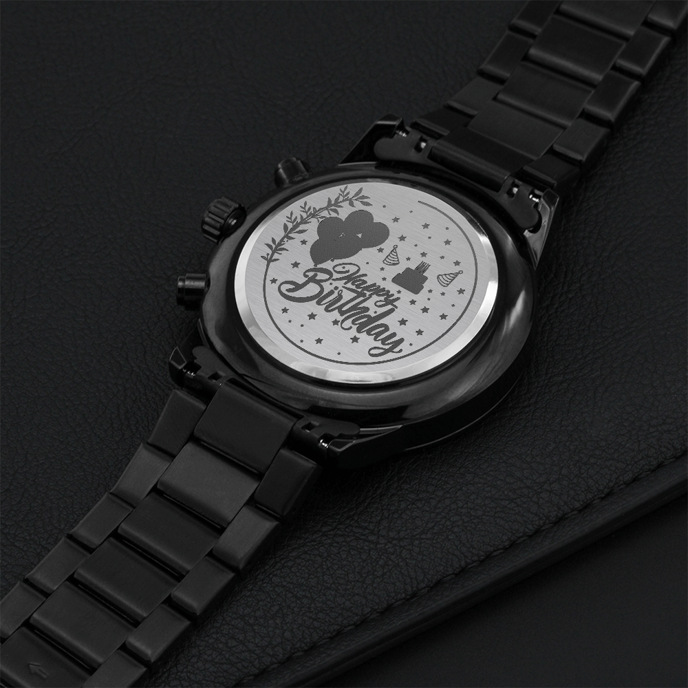 Happy Birthday Engraved Black Chronograph Watch
