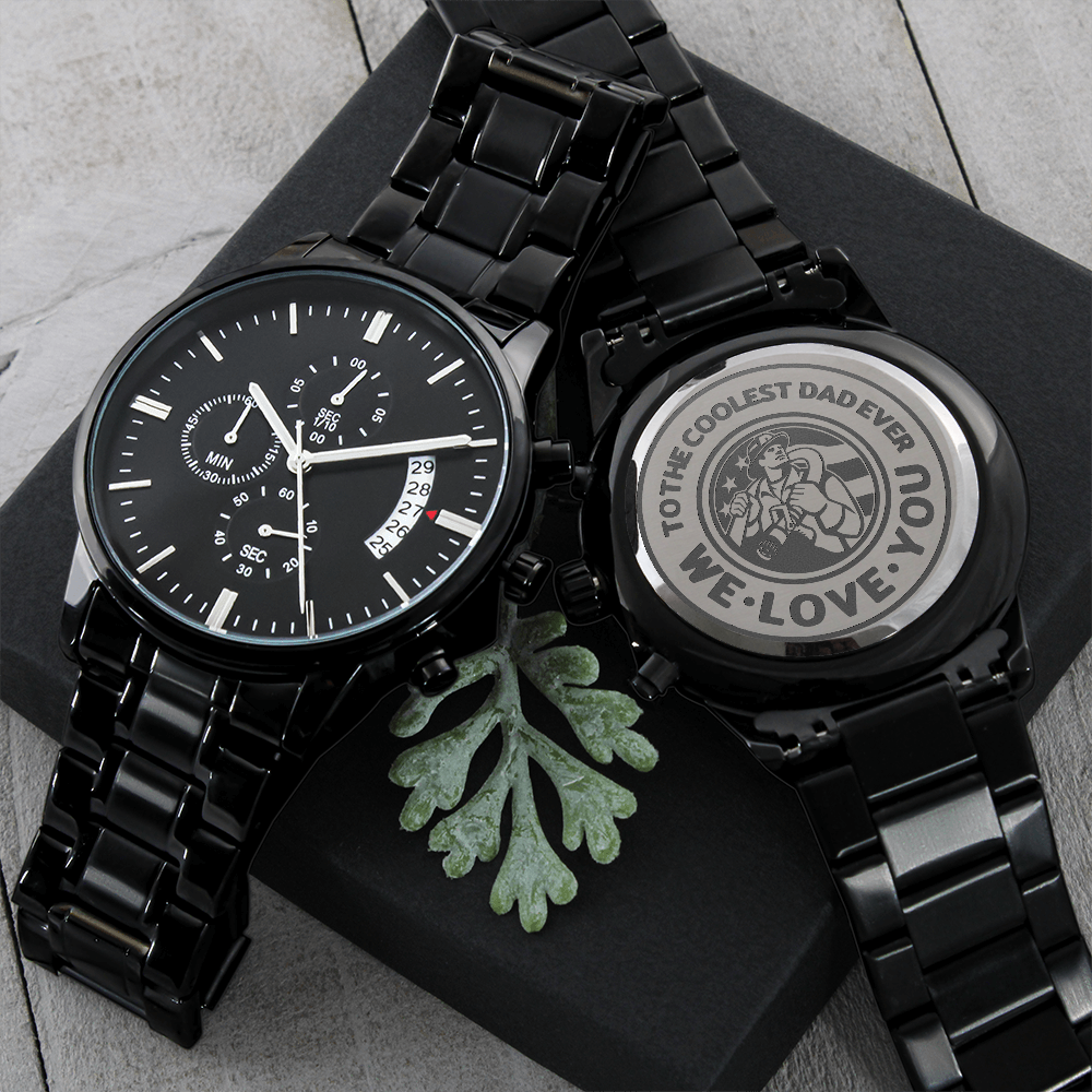 To the Coolest Dad Ever Firefighter Engraved Black Chronograph Watch