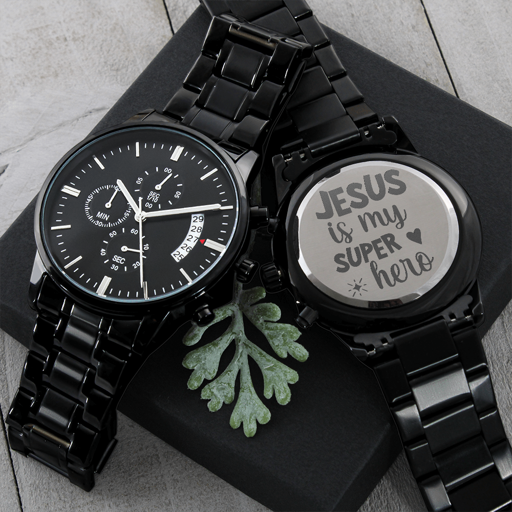 Jesus is My Super Hero Faith Based Engraved Black Chronograph Watch