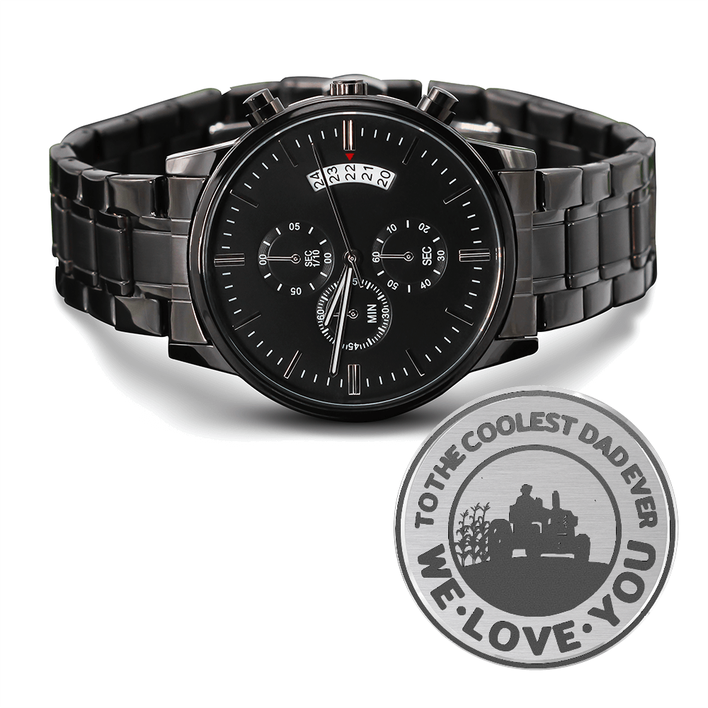 To the Coolest Dad Farmer Engraved Design Black Chronograph Watch