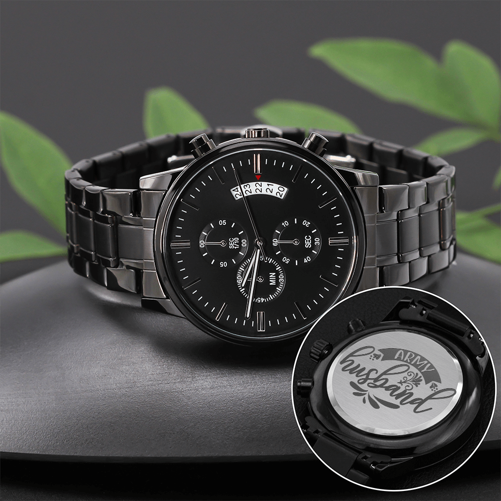 Army Husband Engraved Design Black Chronograph Watch