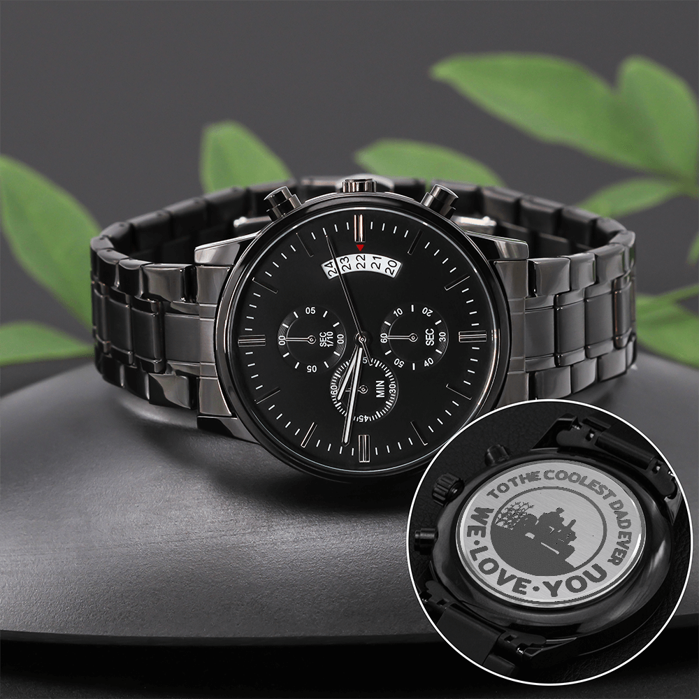 To the Coolest Dad Farmer Engraved Design Black Chronograph Watch