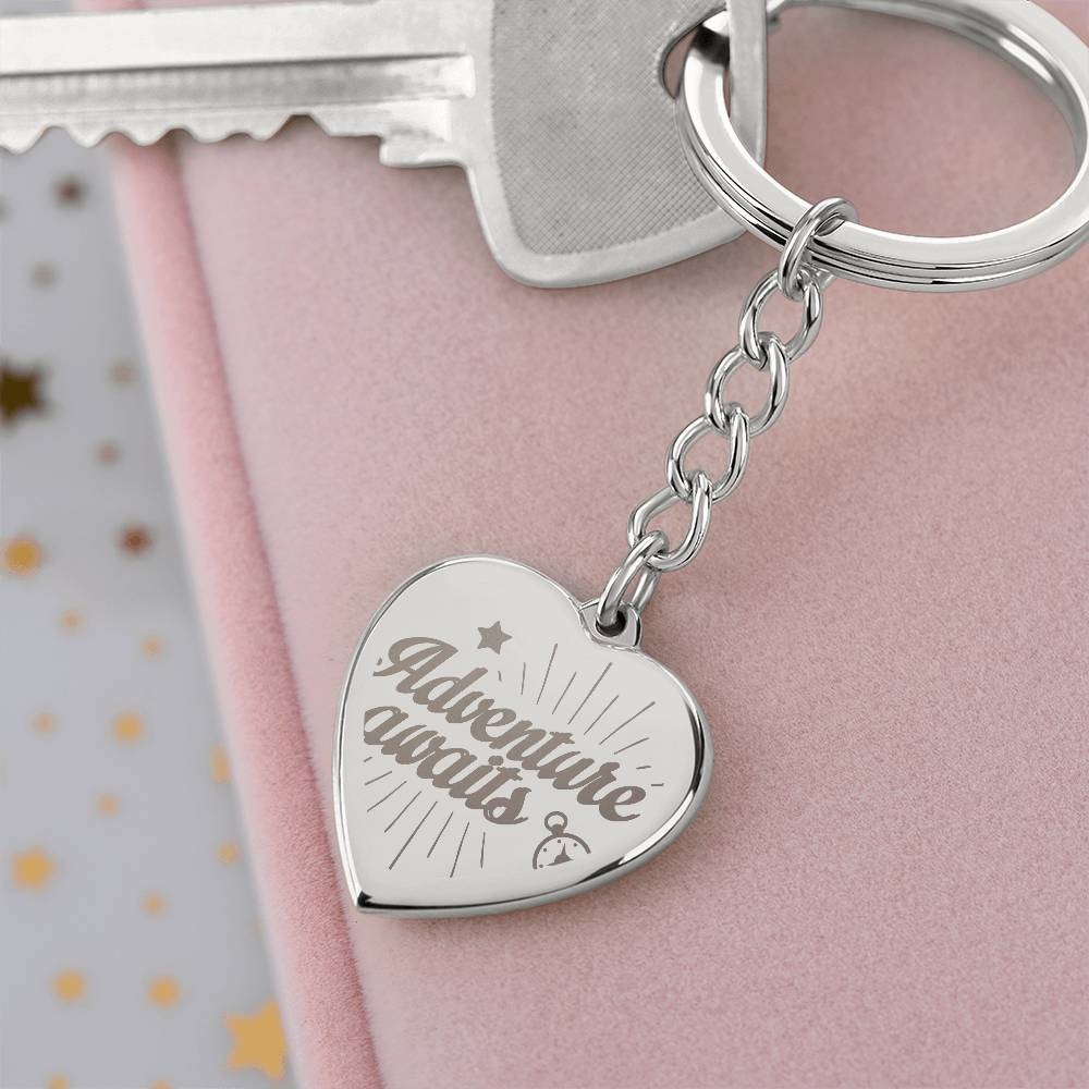 Adventure Awaits Engraved Heart Keychain